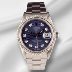 Rolex Date 34mm Ladies 1.5ct Prong Blue Motif Diamond Dial Steel Watch 15000