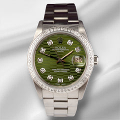 Rolex Date 34mm Ladies 1.5ct Green Motif Diamond Dial Steel Oyster Watch 15000