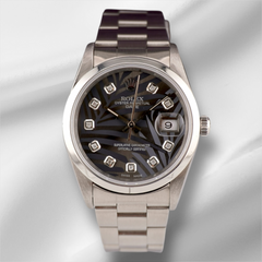 Rolex Date 34mm Ladies Grey Palm Diamond Dial Oyster Steel Watch 15000