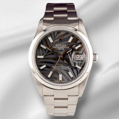 Rolex Date 34mm Ladies Grey Palm Dial Oyster Steel Watch 15000