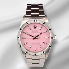 Rolex 34mm Oyster Perpetual Pink Dial Engine Turned Steel Watch 14000