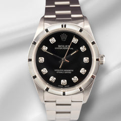 Rolex 34mm Oyster Perpetual Black Diamond Dial Engine Turned Steel Watch 14000