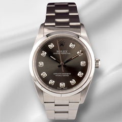 Rolex 34mm Oyster Perpetual Grey Diamond Dial Stainless Steel Watch 14000