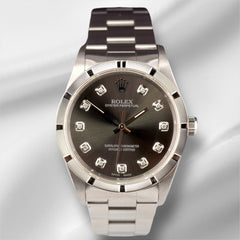 Rolex 34mm Oyster Perpetual Grey Diamond Dial Engine Turned Steel Watch 14000