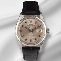 Vintage Rolex Men's 36mm Datejust Fluted Steel Watch Silver Dial Leather 1601