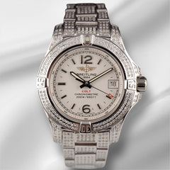 Breitling 33mm Colt Lady 3ct Iced Diamonds White Dial Steel Womens Watch A77388