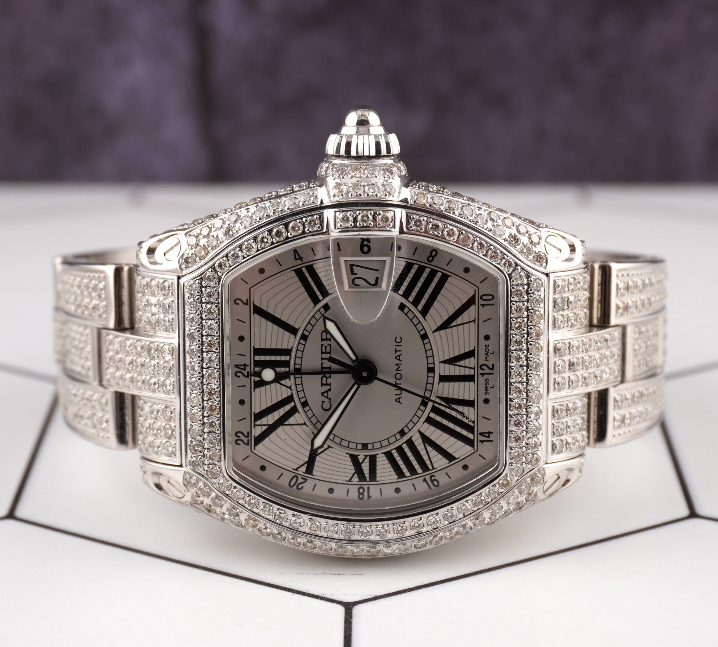Cartier Roadster GMT XL 42mm Men's Steel Watch Iced 10ct Diamonds