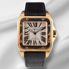Cartier 38mm Santos 100 18k Yellow Gold Black Strap Mens Watch 2657