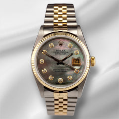 Rolex Datejust 36mm 18k YG & Steel Fluted Black MOP Diamond Dial Watch 16013