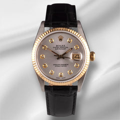 Rolex Datejust 36mm Yellow Gold Fluted Silver Diamond Dial Leather Band Watch