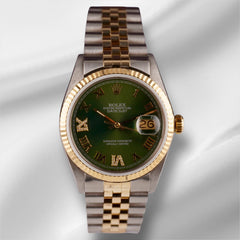 Rolex Datejust 36mm Yellow Gold Fluted Green Roman Diamond Dial Jubilee Watch