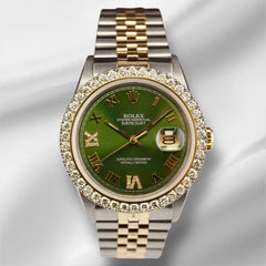 Rolex Men's Datejust 36mm YG & Steel ICED 2.50ct Diamonds Green Roman Dial Watch