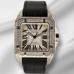 Cartier Santos 100XL Mens Iced Out 4.0ct Genuine Diamonds Roman Leather Ref 2656