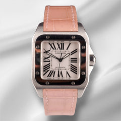 Cartier Santos 100 33mm Silver Roman Dial Pink Leather Band Steel Watch Ref 2878