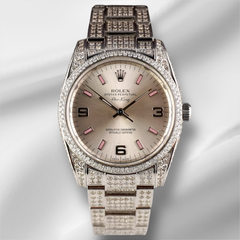Rolex Airking 34mm Steel Silver Dial Pink Arabic Index Iced Out 10ct 114200