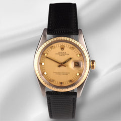 Rolex 34mm Date Stainless Steel 18k Yellow Gold Black Strap Men's Watch 1505
