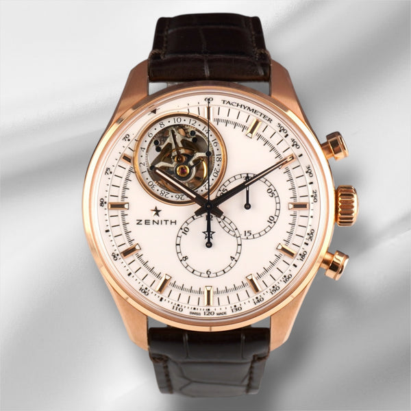 オーレック Zenith 44mm El Primero Tourbillon 18K RG Alligator Strap Watch