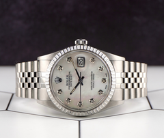 Rolex 36mm Datejust Steel Engine-Turned Jubilee White Mop Dial Watch 16030