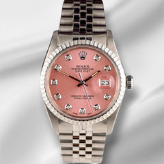 Rolex 36mm Datejust Steel Engine-Turned Jubilee Pink Dial Watch 16030