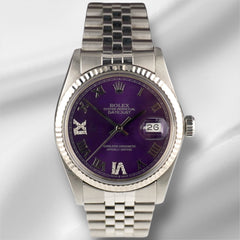 Rolex 36mm Datejust Steel Fluted Jubilee Purple Roman Diamond Dial Watch 16014