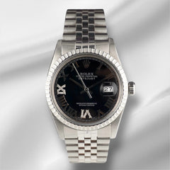 Rolex 36mm Datejust Steel Engine-Turned Black Roman Dial Watch 16030