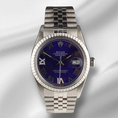 Rolex 36mm Datejust Steel Engine-Turned Blue Roman Dial Watch 16030