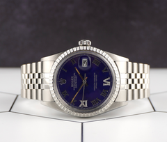 Rolex 36mm Datejust Steel Engine-Turned Blue Roman Dial Watch 16030