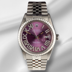 Rolex 36mm Datejust Steel Engine-Turned Purple Roman Diamond Dial Watch 16030