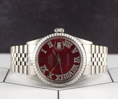 Rolex 36mm Datejust Engine-Turned Jubilee Red Roman Diamond Dial Watch 16030