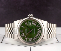 Rolex 36mm Datejust Steel Fluted Green Roman Diamond Dial Watch 16014