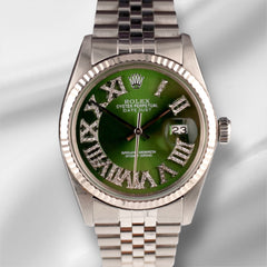 Rolex 36mm Datejust Steel Fluted Jubilee Green Roman Diamond Dial Watch 16014