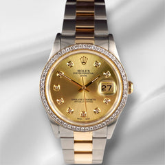 Rolex 34mm Date 18k Yellow Gold/Steel 1ct Diamonds Gold Dial Watch 15223