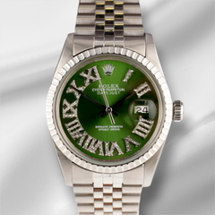 Rolex 36mm Datejust Steel Engine-Turned Green Roman Diamond Dial Watch 16030