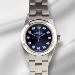 Rolex Oyster Perpetual 25mm Stainless Steel Dark Blue Diamond Dial Watch 67180