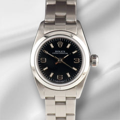 Rolex 25mm Oyster Perpetual Stainless Steel Black Dial Watch 67180