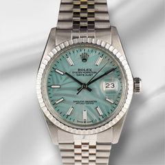 Rolex 36mm Datejust Steel Engine-Turned Jubilee Blue Motif Dial Watch 16030