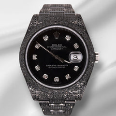 Rolex Men's Datejust 41mm Black Iced Out 10ct Diamonds Oyster Steel Watch 116300