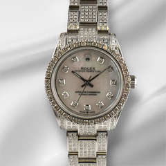 Rolex 31mm Oyster Perpetual 8ct Iced Out Diamonds White Mop Steel Watch 177200