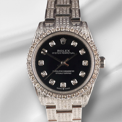Rolex 31mm Oyster Perpetual Iced Out 8ct Diamonds Black Steel Watch 177200