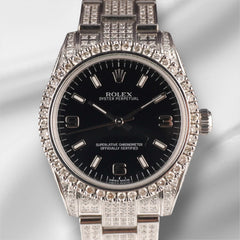 Rolex 31mm Oyster Perpetual Iced Out 8ct Diamond Black Arabic Steel Watch 177200
