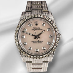 Rolex 34mm Airking Iced Out 7ct Diamond White Mop Dial Oyster Steel Watch 114200