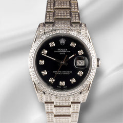Rolex 34mm Date Iced Out 10ct Diamond Black Dial Oyster Steel Watch 115200