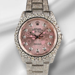 Rolex 34mm Airking Iced Out 15ct Diamonds Pink Floral Dial Steel Watch 114200