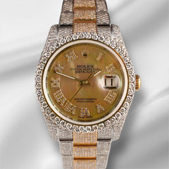 Rolex 36mm Datejust 18k YG/Steel 15ct Iced Out White Mop Diamond Dial 116203