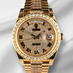 Rolex Day-Date 40mm 18k YG Iced Out 10ct Diamonds Roman Dial Watch 228238
