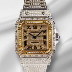 Cartier Santos 32mm Ladies YG Plated Watch Iced 10ct White Diamonds 2823