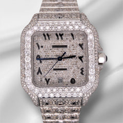 Cartier Santos 40mm Large Steel Arabic Iced 20ct Diamonds SOLITAIRE Men's Watch