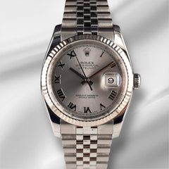 Rolex Datejust 36mm Steel White Gold Silver Roman Dial Mens Watch 116234