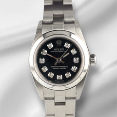 Rolex Oyster Perpetual 25mm Stainless Steel Black Diamond Dial Watch 67180