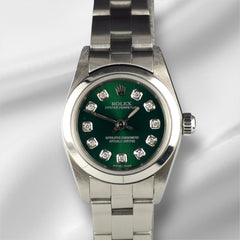 Rolex Oyster Perpetual 25mm Stainless Steel Green Diamond Dial Watch 67180